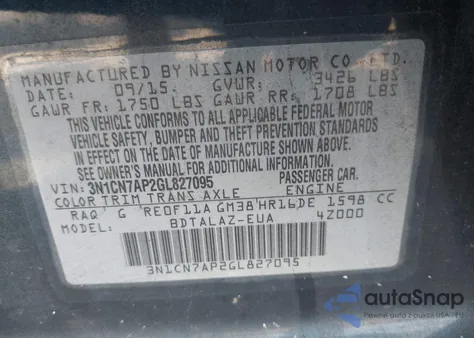 2016 Nissan Versa 1.6 S+ z USA, uszkodzony, nr VIN 3N1CN7AP2GL827095